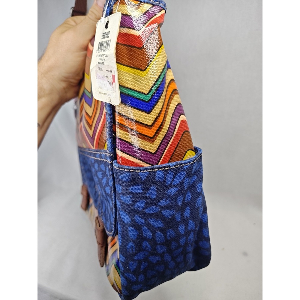 FOSSIL Keyper Flap Crossbody Messenger‎ Bag Stripe Blue Yellow Orange Brown New - Picture 6 of 13